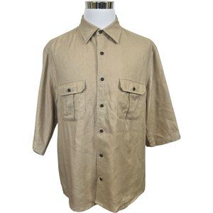 Eddie Bauer Button Up Shirt Size Large Tall LT Linen Beige Oatmeal Short Sleeve
